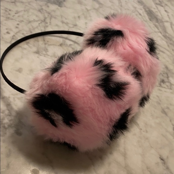 Large Pink Leopard Puffy Ear Muffs - Picture 2 of 3